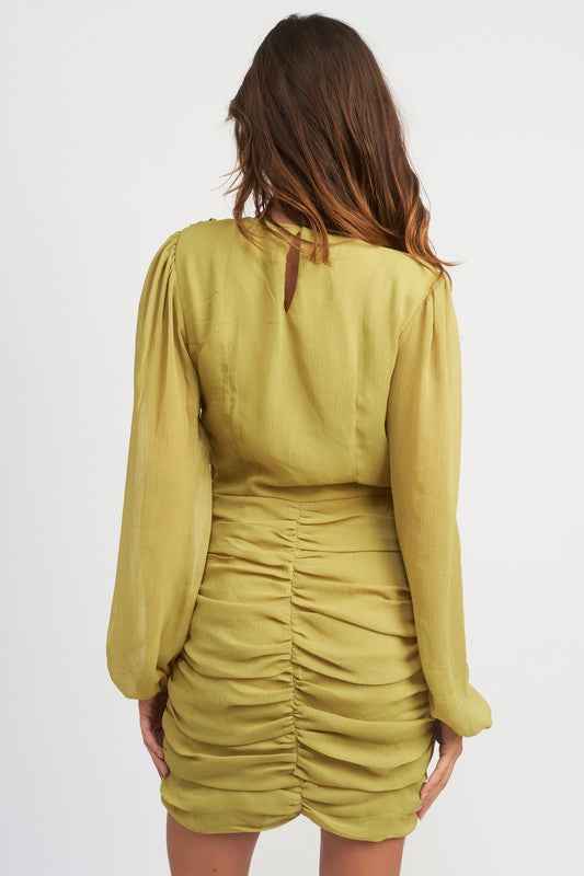 Emory Park long sleeve ruched mini dress in olive green with a stylish back design