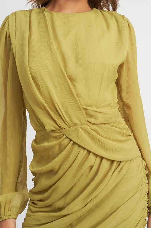 Emory Park long sleeve ruched mini dress in olive green with elegant draping and contemporary style
