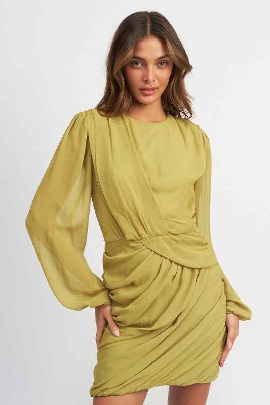 Emory Park long sleeve ruched mini dress in olive green featuring stylish puff sleeves and a fitted silhouette