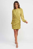 Emory Park long sleeve ruched mini dress in olive green with stylish draping and elegant silhouette