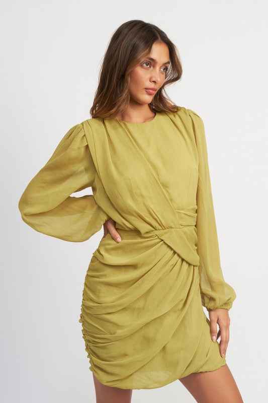Emory Park long sleeve ruched mini dress in olive green with stylish draped details
