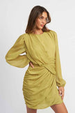 Emory Park long sleeve ruched mini dress in olive green with stylish draped details
