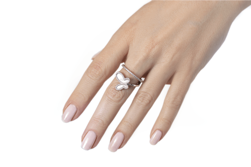 .925 Silver w/ Mother Of Pearl Cubic Zirconia Encrusted Swirl Butterfly Ring Jewelry