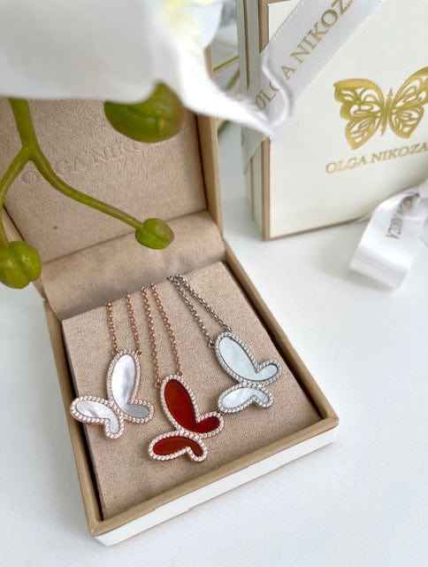 Silver Mother of Perl & Cubic Zirconia Butterfly Necklace Jewelry