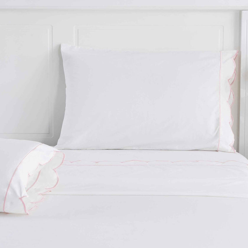 Scallop Frame Embroidered Cotton Percale Pillowcase Pair