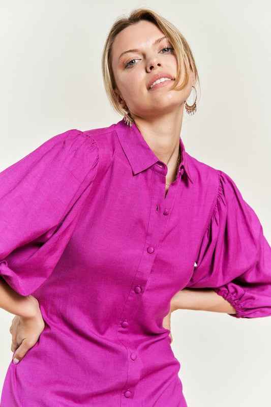 Jade By Jane Plus Size Button Down Dress in vibrant pink with stylish puff sleeves