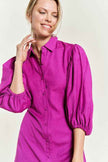 Jade By Jane plus size button down dress in vibrant pink with puff sleeves and collar