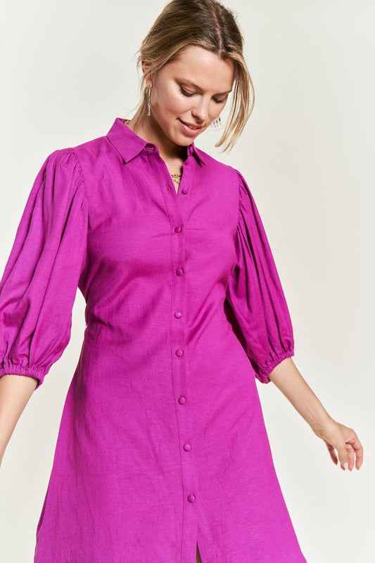 Jade By Jane plus size button down dress in vibrant pink with puff sleeves for a stylish look