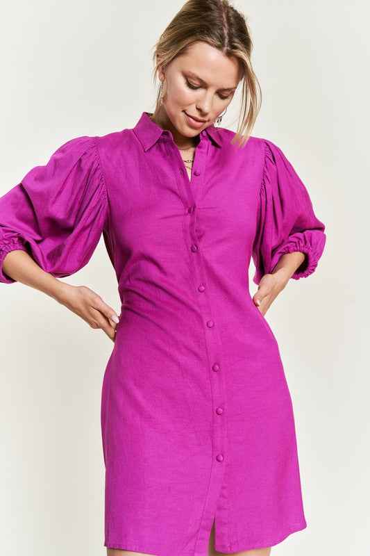 Jade By Jane plus size button down dress in vibrant pink with puff sleeves for a stylish look