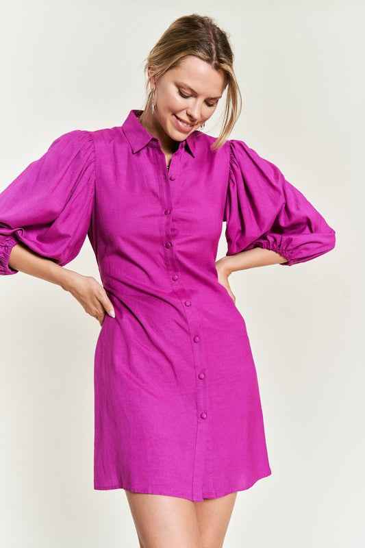 Jade By Jane plus size button down dress in vibrant pink with puff sleeves
