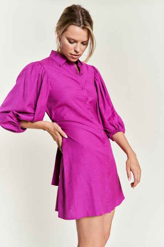 Jade By Jane plus size button down dress in vibrant pink with puffed sleeves for a stylish look