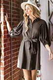 Jade By Jane plus size button down dress with puff sleeves and a tie waist in a chic style