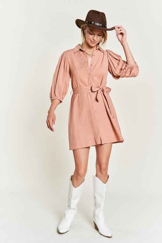 Jade By Jane plus size button down dress in soft pink with puff sleeves and a belted waist
