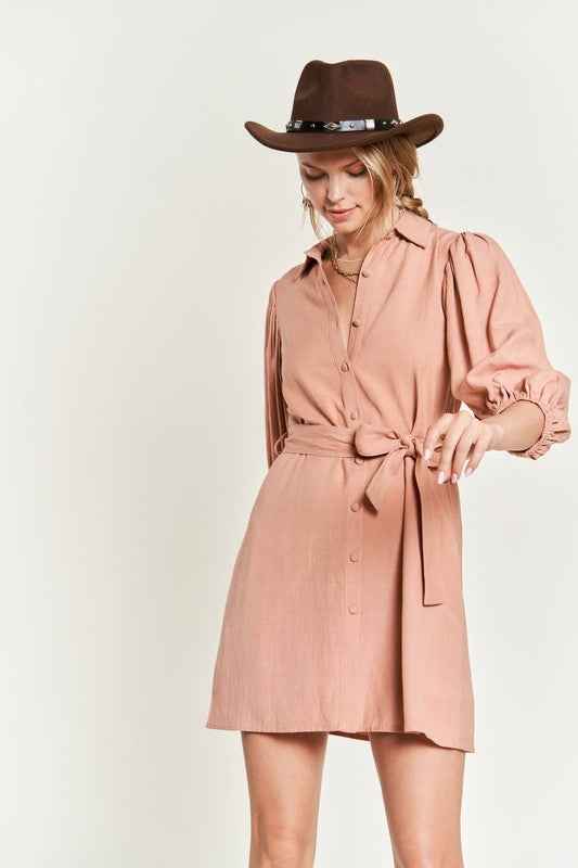 Jade By Jane plus size button down dress with tie waist and puff sleeves in a soft pink tone