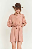 Jade By Jane plus size button down dress in soft pink with puff sleeves and a belted waist