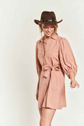 Jade By Jane plus size button down dress in soft beige with puff sleeves and a belted waist