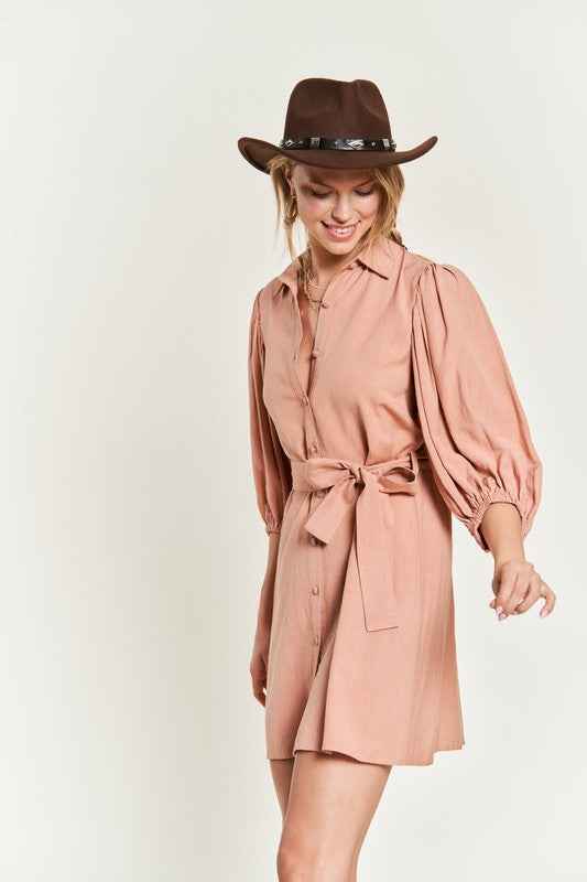 Jade By Jane plus size button down dress in soft beige with puff sleeves and a belted waist