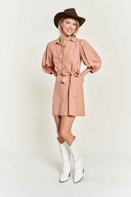 Jade By Jane Plus Size Button Down Dress in soft peach with puff sleeves and belted waist
