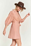 Jade By Jane plus size button down dress in soft pink with puff sleeves and a stylish tie waist