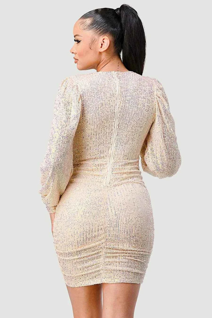 CHIC SEQUIN FRONT DRAWSTRING BISHOP LONG SLEEVE MINI DRESS
