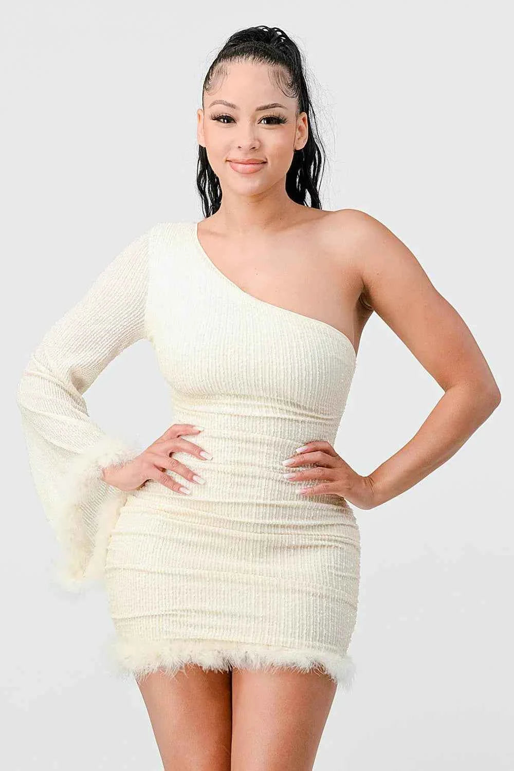 LUX FUR TRIM SEQUINS KIMONO SLEEVES ONE SHOULDER BODYCON MINI DRESS