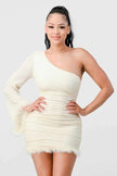 LUX FUR TRIM SEQUINS KIMONO SLEEVES ONE SHOULDER BODYCON MINI DRESS