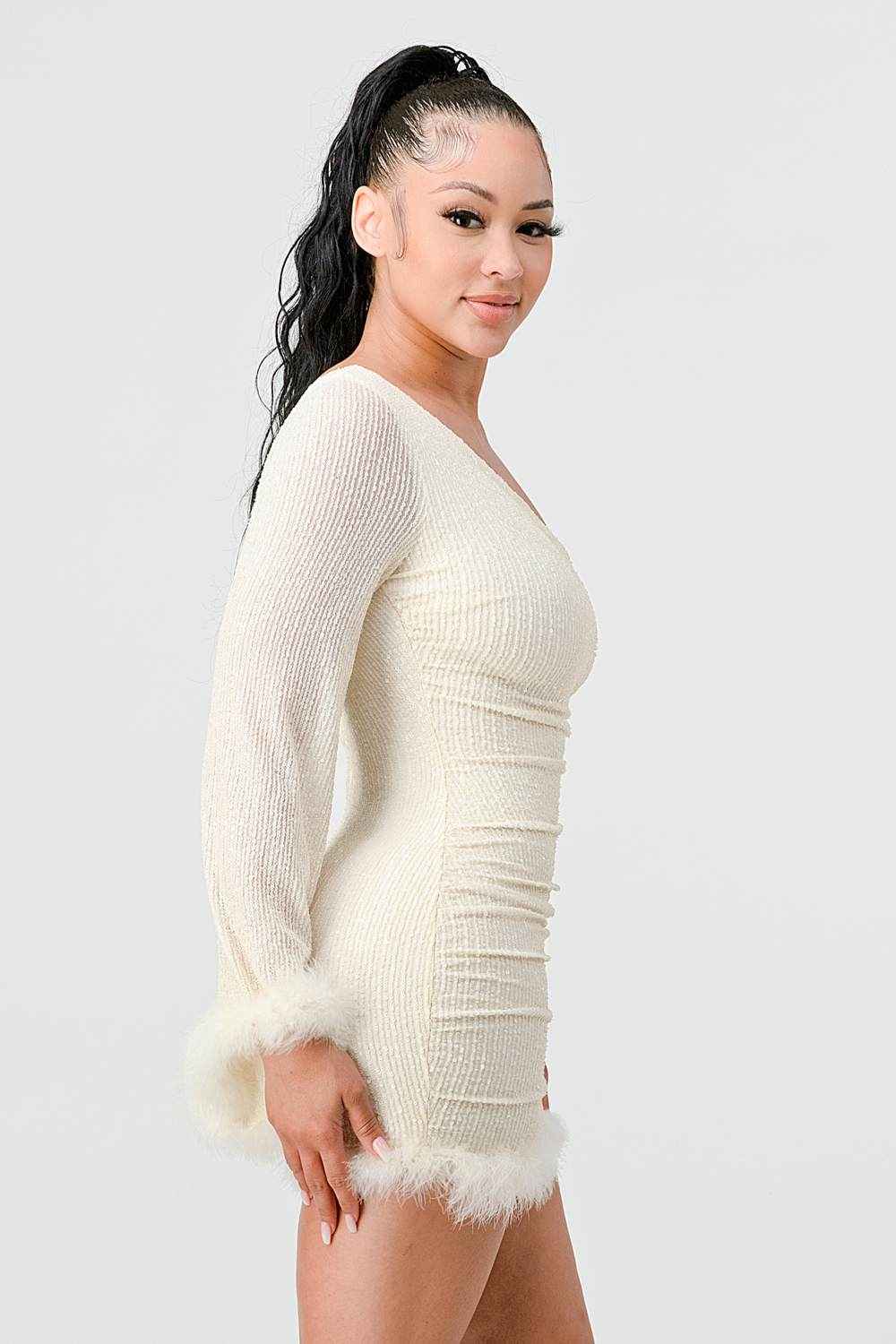 LUX FUR TRIM SEQUINS KIMONO SLEEVES ONE SHOULDER BODYCON MINI DRESS