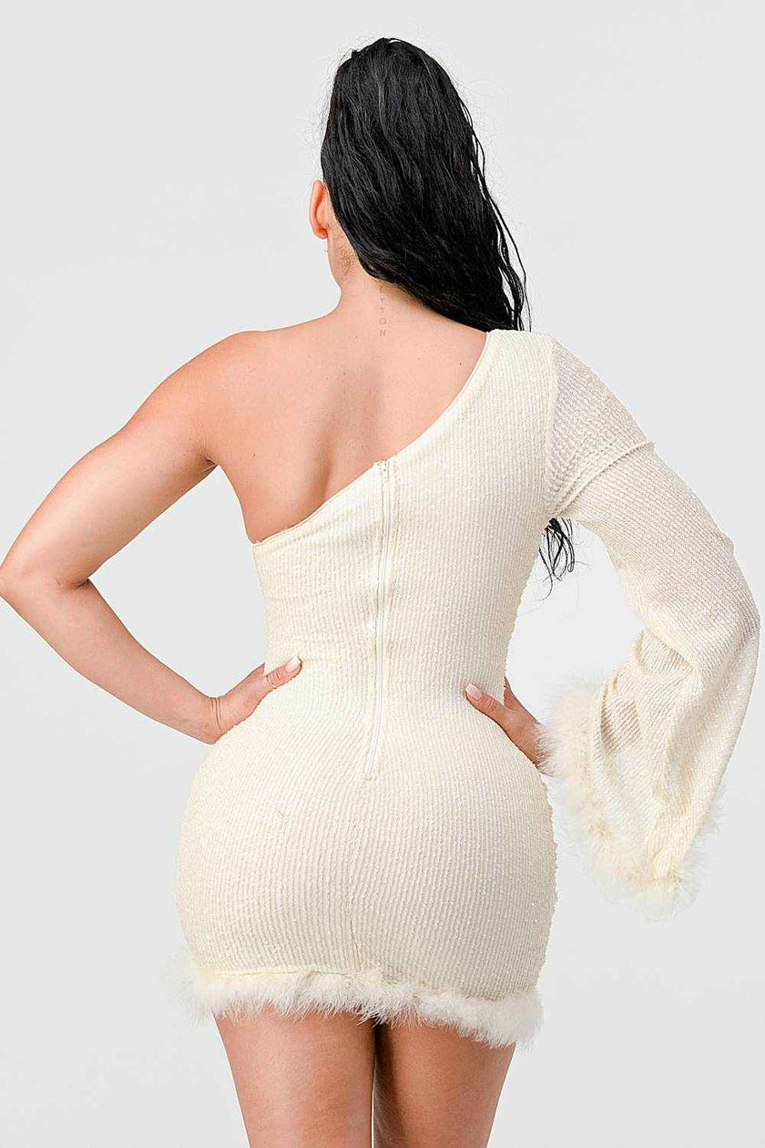LUX FUR TRIM SEQUINS KIMONO SLEEVES ONE SHOULDER BODYCON MINI DRESS