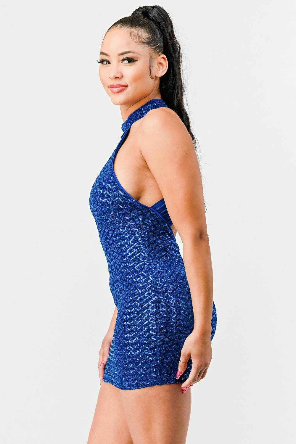 LUX SEQUINS HALTER OPEN BACK SLEEVELESS BODYCON MINI DRESS