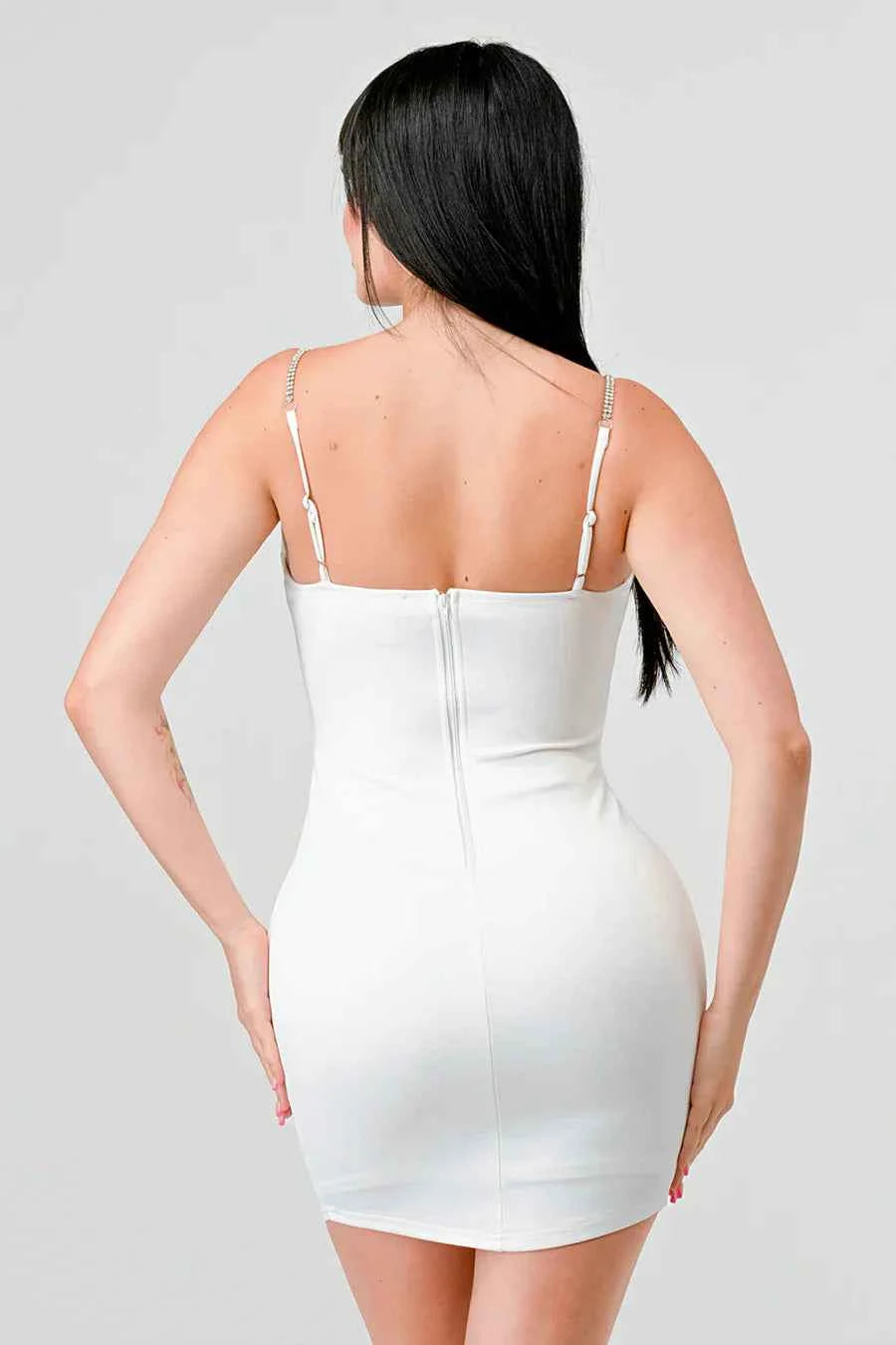 LUX TECHNO EMBELLISHED STRAP BODYCON MINI DRESS