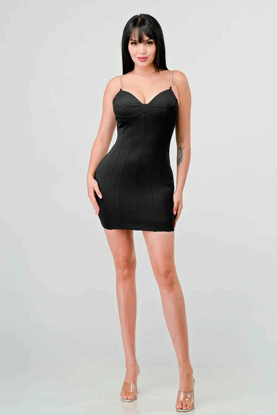 LUX TECHNO EMBELLISHED STRAP BODYCON MINI DRESS