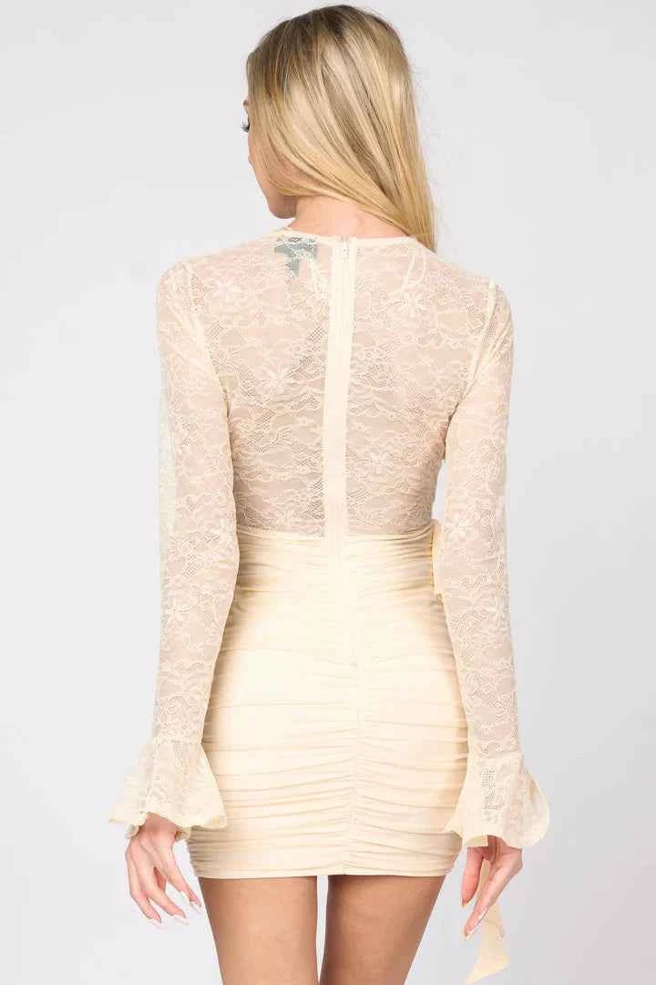 LUXE LACE V-NECK MESH SIDE DRAPED MINI DRESS