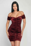 Shiny Velvet Off-Shoulder Ruched Mini Dress