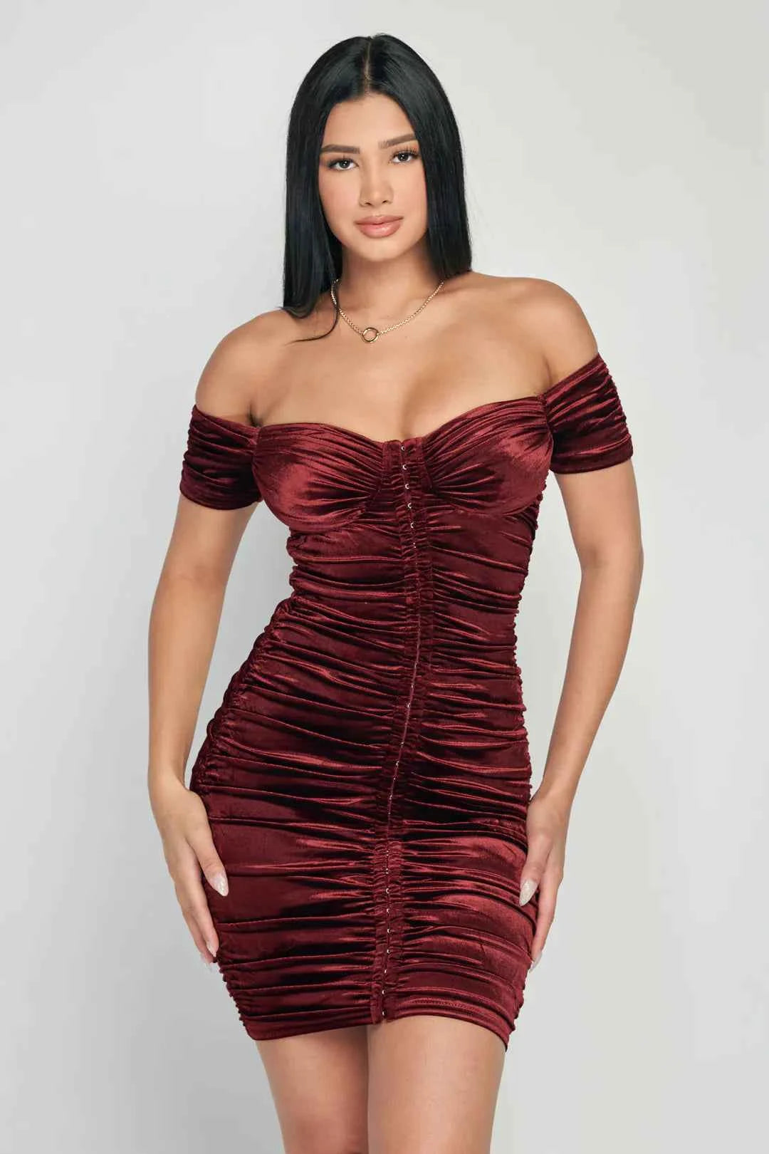 Shiny Velvet Off-Shoulder Ruched Mini Dress