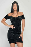Shiny Velvet Off-Shoulder Ruched Mini Dress