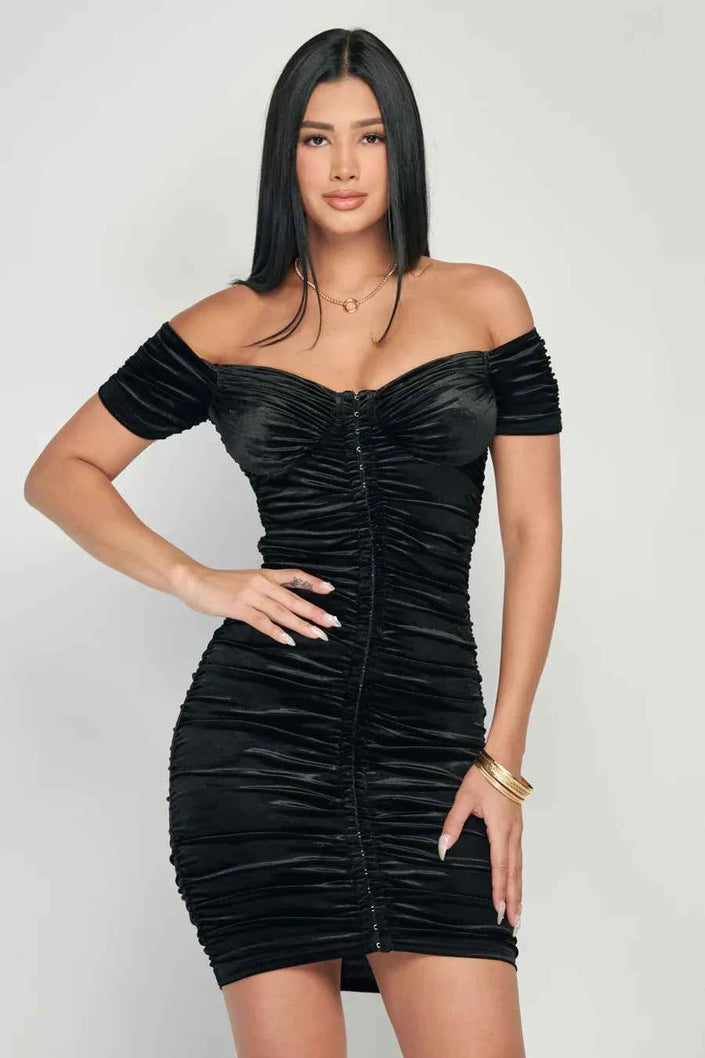 Shiny Velvet Off-Shoulder Ruched Mini Dress