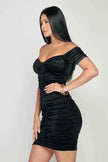 Shiny Velvet Off-Shoulder Ruched Mini Dress