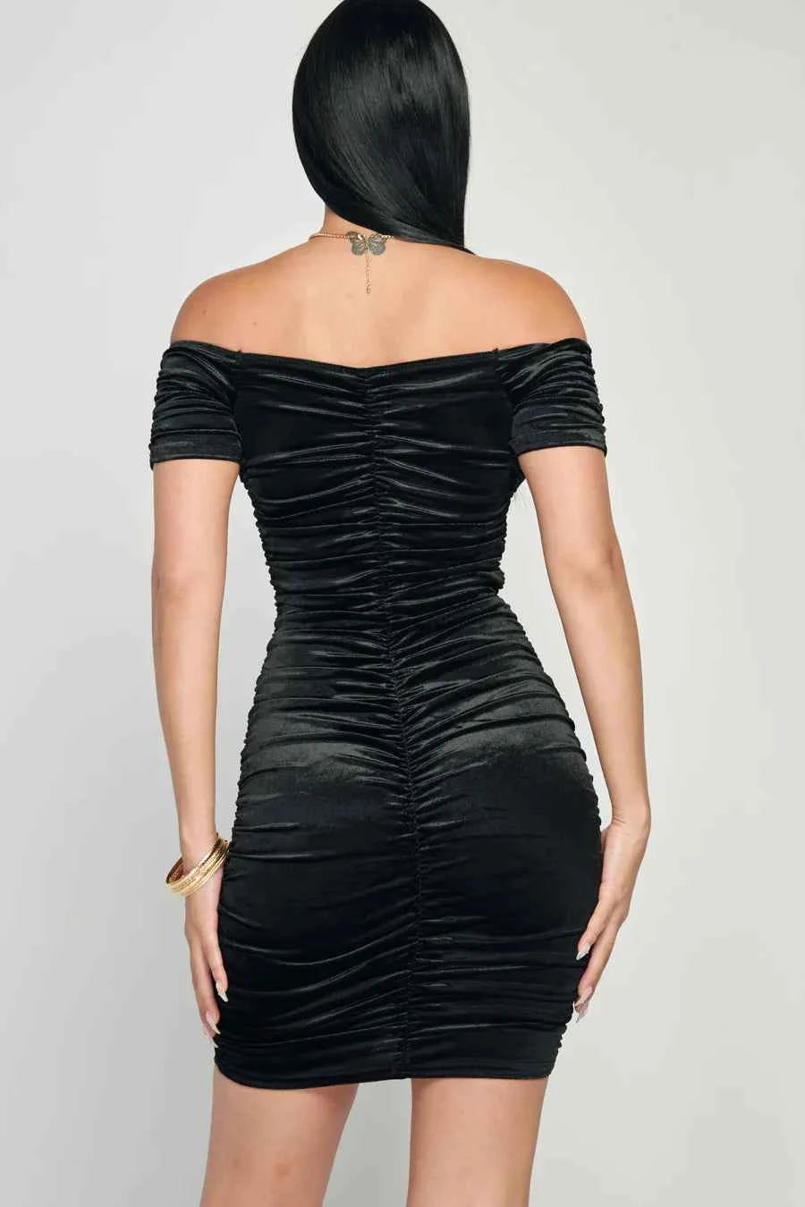 Shiny Velvet Off-Shoulder Ruched Mini Dress