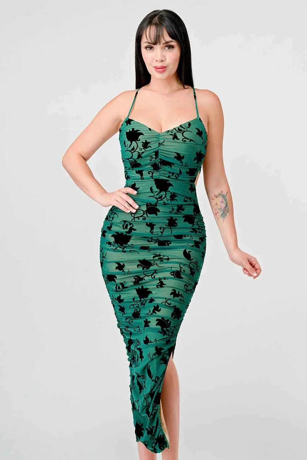 CLASSY MESH VELVET FLOCKING SIDE SLIT DRAWSTRING BACK BODYCON MIDI DRESS
