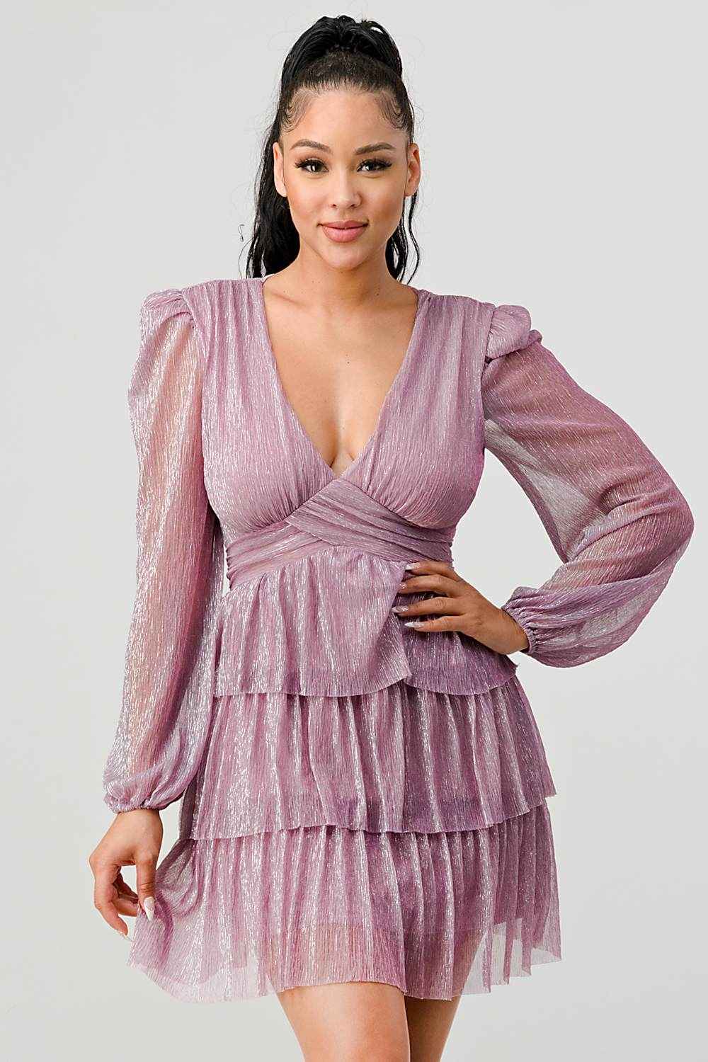 Lux Fantasy Glitter Mini Dress - Deep V-Neck & Tiered Ruffle Skirt