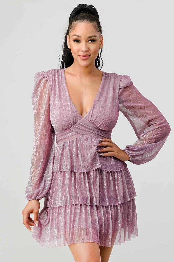 Lux Fantasy Glitter Mini Dress - Deep V-Neck & Tiered Ruffle Skirt