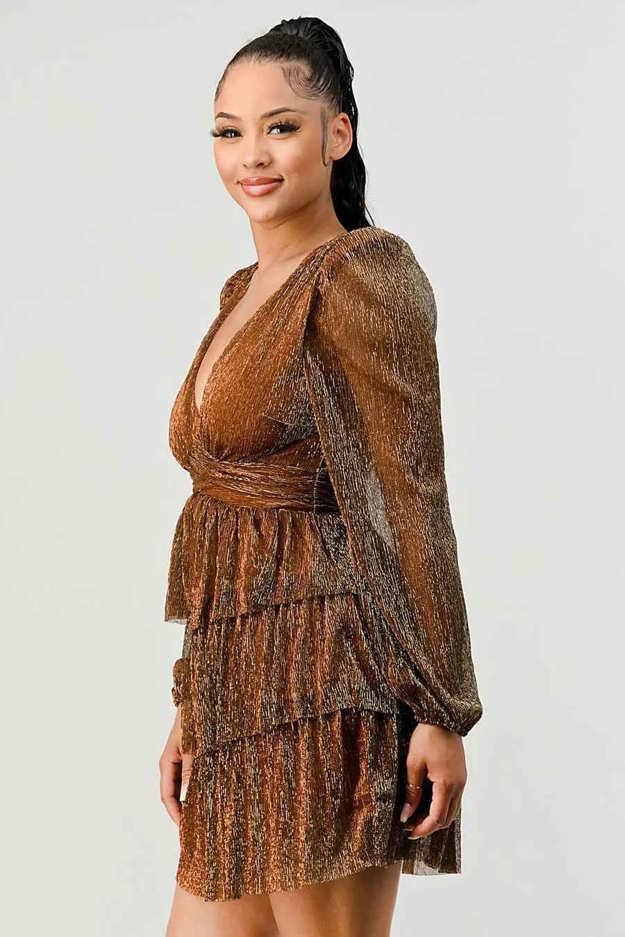 Lux Fantasy Glitter Mini Dress - Deep V-Neck & Tiered Ruffle Skirt