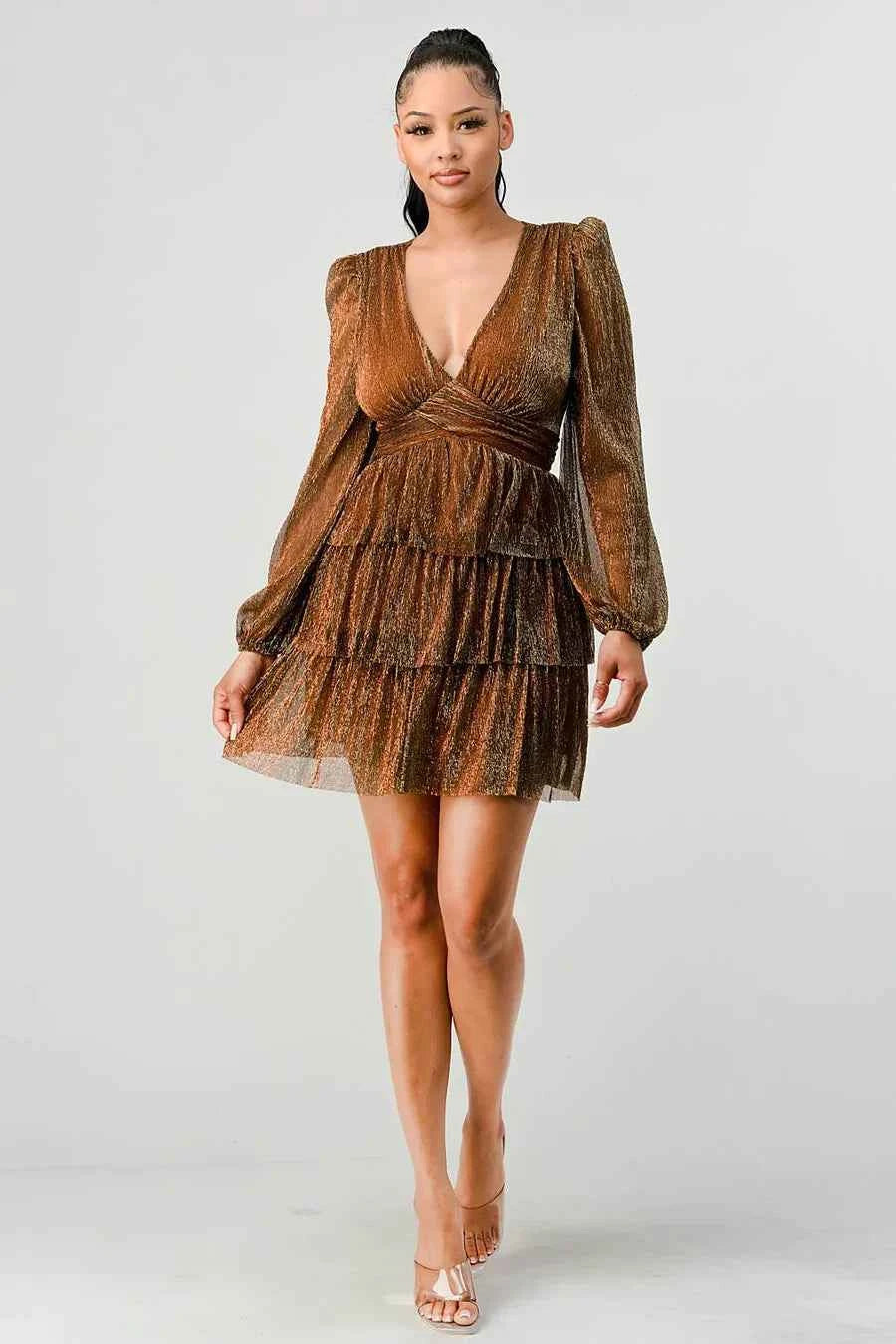 Lux Fantasy Glitter Mini Dress - Deep V-Neck & Tiered Ruffle Skirt