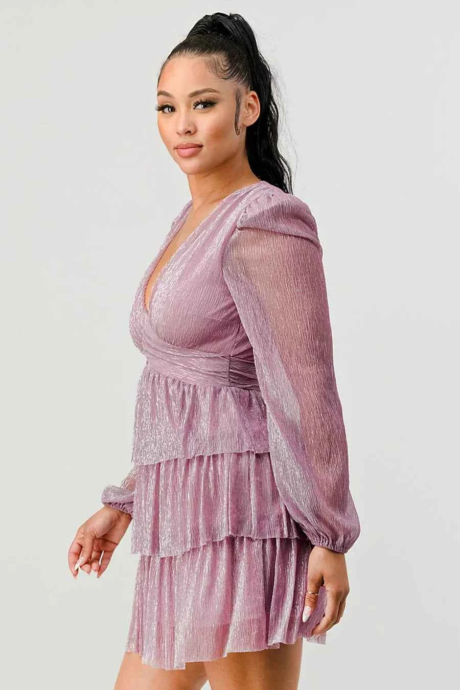 Lux Fantasy Glitter Mini Dress - Deep V-Neck & Tiered Ruffle Skirt