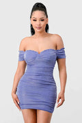 LUX SHINY METALIC GLITTER RUFFLED OFF SHOULDER BODYCON MINI DRESS