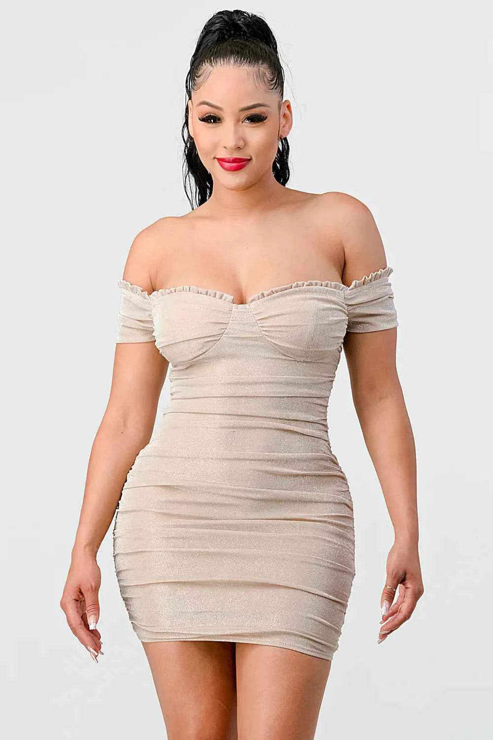 LUX SHINY METALIC GLITTER RUFFLED OFF SHOULDER BODYCON MINI DRESS