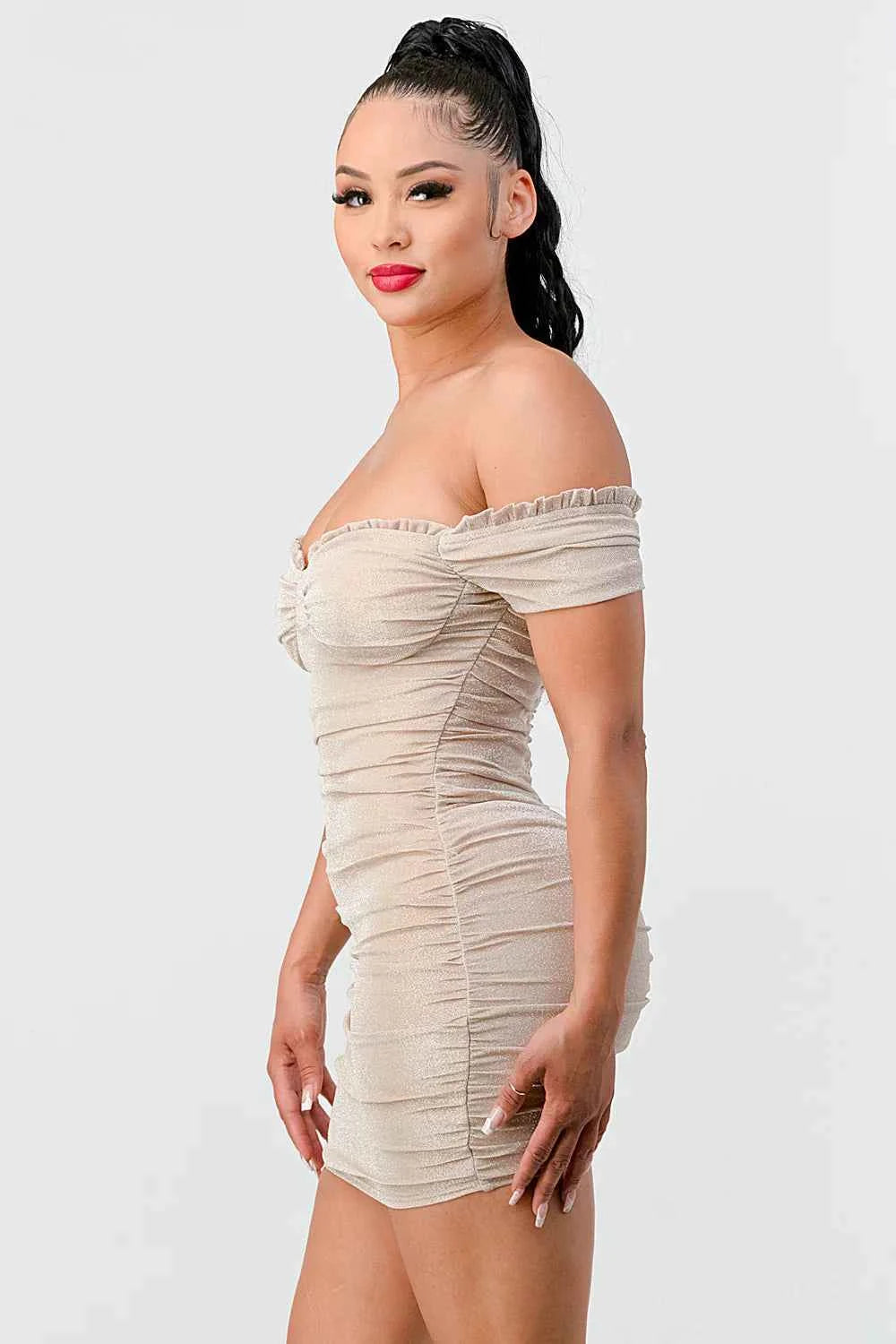 LUX SHINY METALIC GLITTER RUFFLED OFF SHOULDER BODYCON MINI DRESS