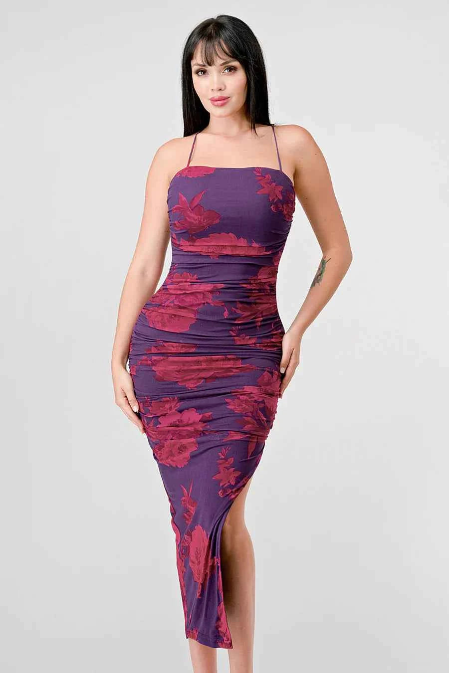FLORAL PRINT MESH SIDE SLIT DRAWSTRING BACK SLITTED BODYCON MIDI DRESS