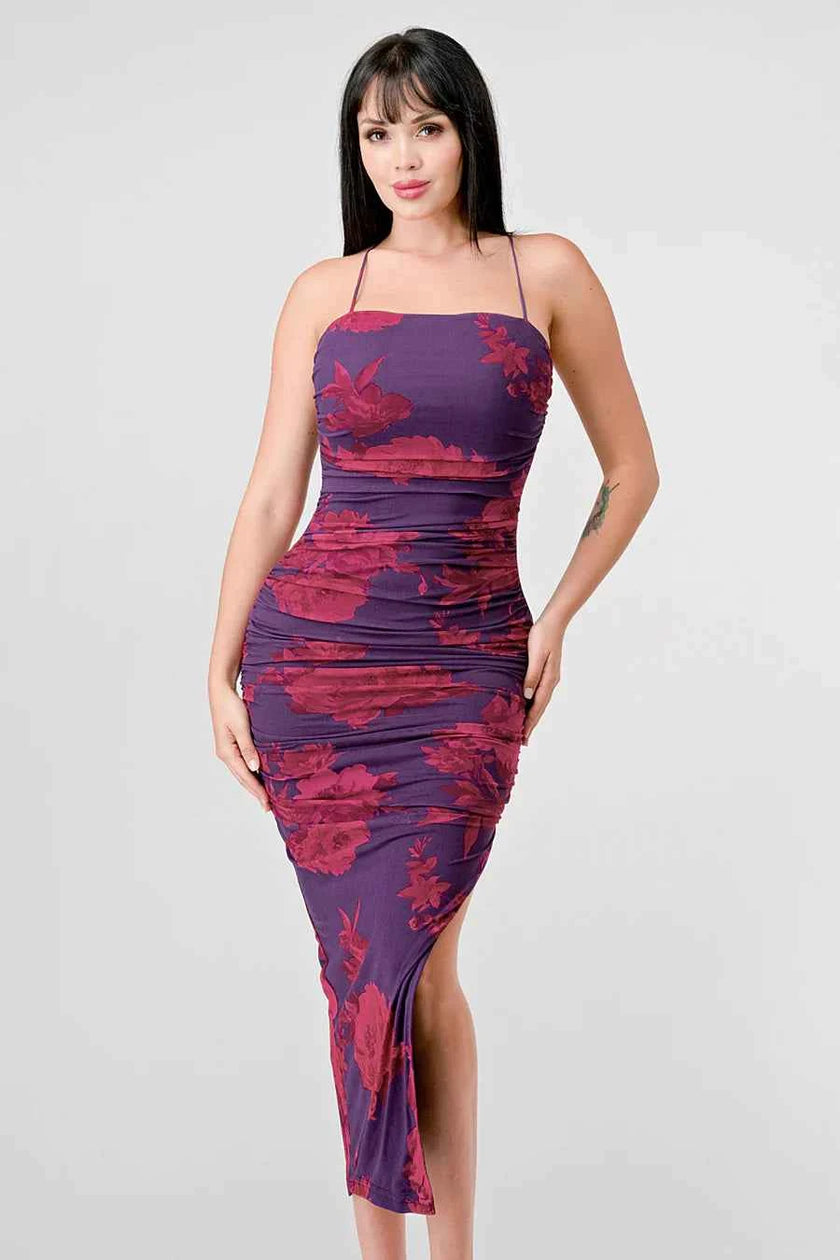 FLORAL PRINT MESH SIDE SLIT DRAWSTRING BACK SLITTED BODYCON MIDI DRESS