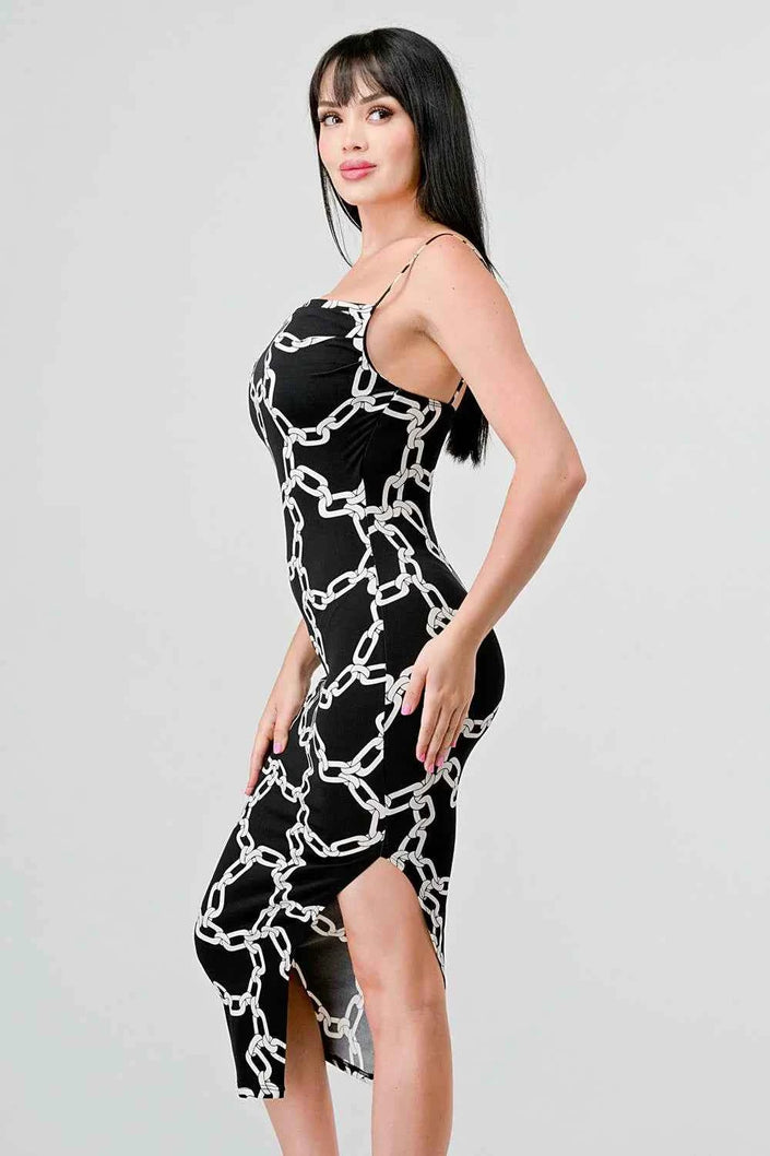 CHIC ALL OVER CHAIN PRINTED SIDE SLIT MIDI DRESS